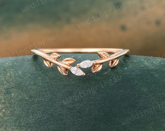 Leaf Moissanite Curved wedding band Unique Rose gold Branch ring Marquise cut Diamond ring Bridal wedding ring Matching Stacking ring