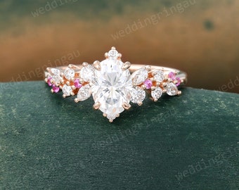 Oval cut Moissanite engagement ring Vintage Rose gold ring pink sapphire ring Cluster Diamond ring Art deco ring Promise ring for women