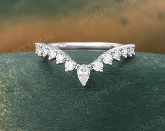 Pear Moissanite Wedding Band Vintage White Gold V Shaped Stacking Matching Band Half Eternity Diamond Promise Anniversary Custom Band