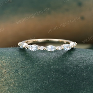 Marquise cut Aquamarine wedding band vintage moissanite wedding band Yellow gold matching band stacking half eternity anniversary ring