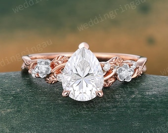 Pear shaped Moissanite engagement ring Unique Rose gold Leaf ring White Gold Flower ring Art deco Branch ring Vintage Bridal Promise ring