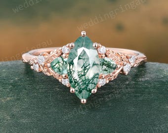 Marquise cut Moss Agate Engagement Ring Unique Triangle cut Rose Gold Wedding ring Leaf Nature Inspired Moissanite Ring Bridal Promise Ring