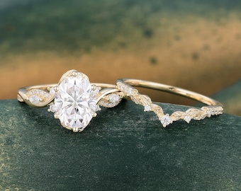 Oval Cut Moissanite Engagement Ring Set Unique Yellow Gold Twisted Vine Wedding Ring Nature Inspired Leaf Pave Bridal Ring Set