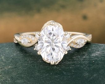 Oval Cut Moissanite Engagement Ring Yellow Gold Twisted Vine Ring Marquise cut Moissanite wedding Ring Art Deco Promise Ring for Women