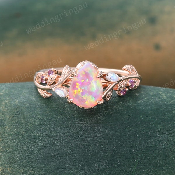 Bague opale rose en forme de poire Bague de fiançailles feuille d'or rose unique, bague pierre de lune taille marquise, bague améthyste, bague brindille inspirée de la nature, cadeau