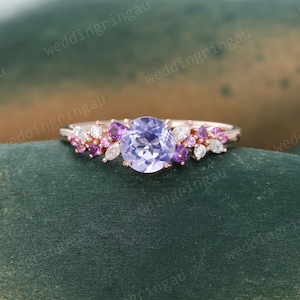 Round Lavender Amethyst ring Unique Rose gold Cluster engagement ring pink sapphire ring Marquise cut Moissanite bridal anniversary ring