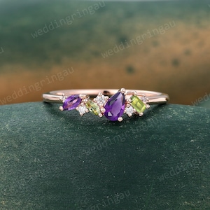 Marquise Cut Amethyst Wedding Band Unique Cluster Peridot Wedding Ring for Women Rose Gold Stackable Band Bridal Gift Anniversary Band