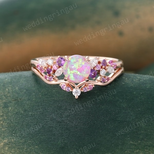 Pink Opal Engagement ring set Vintage Rose gold Bridal ring set Amethyst ring Pink sapphire Curved wedding ring Diamond ring Promise ring