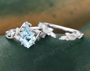 Vintage Kite Cut Aquamarine Engagement Ring Set White Gold Marquise Cut Moissanite Twig Branch Wedding Bridal Nature Inspired Promise Ring