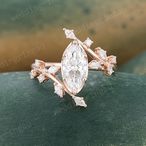 Marquise Lab Grown Diamond Engagement Ring Unique Rose Gold Leaf Branch Diamond Promise Ring IGI Certified Diamond Ring Anniversary Ring