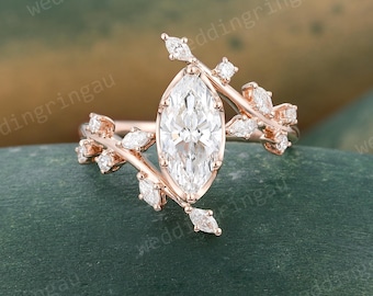 Marquise Lab Grown Diamond Engagement Ring Unique Rose Gold Leaf Branch Diamond Promise Ring IGI Certified Diamond Ring Anniversary Ring