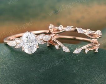 Oval Cut Moissanite Engagement Ring Set Vintage Rose Gold Marquise Moissanite Wedding Band Enhancer Unique Bridal Ring Set Anniversary Gift