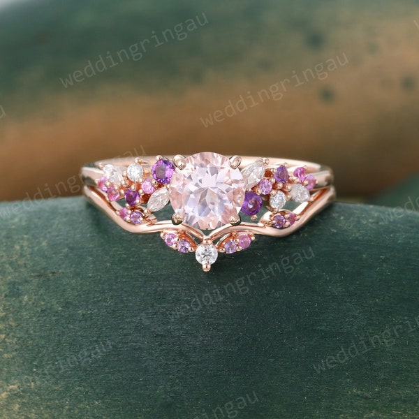 Morganite Engagement ring set Vintage Rose gold Bridal ring set Amethyst ring Pink sapphire Curved wedding ring Diamond ring Promise ring