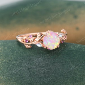 Round cut Pink Opal ring Vintage Rose gold Leaf engagement ring Marquise cut Moonstone ring Amethyst ring Nature inspired Twig ring Gift image 1