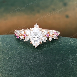 Oval cut Moissanite engagement ring Vintage Rose gold ring pink sapphire ring Cluster Diamond ring Art deco ring Promise ring for women