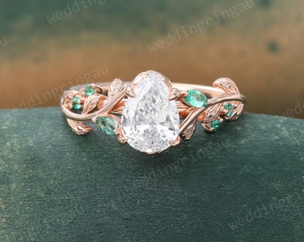 Pear shaped Lab Grown Diamond engagement ring Unique Rose gold Teardrop Diamond ring Leaf Marquise cut Emerald ring Art deco Promise ring