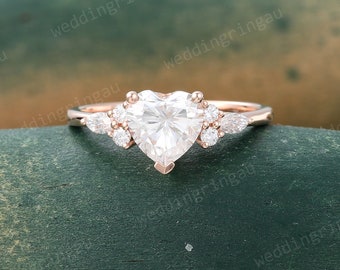 Unique Heart cut Moissanite engagement ring Vintage Rose gold marquise cut Diamond ring cluster wedding ring Promise ring for women gift