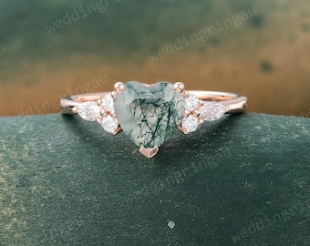 Unique Heart shaped Moss agate engagement ring Vintage Rose gold ring marquise cut Moissanite ring cluster wedding Promise ring for women