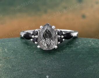 Black rutilated quartz ring Vintage White gold Pear Shaped engagement ring Teardrop quartz ring Cluster ring Black onyx ring Promise ring