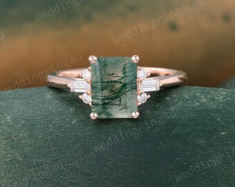 Emerald cut Moss agate ring Vintage Rose gold Moss agate Engagement ring Baguette cut Moissanite ring Art deco ring Seven stone Promise ring
