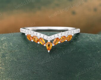 Marquise cut Citrine Curved wedding band Vintage Moissanite Wedding Band Unique White gold diamond ring Matching band anniversary band