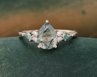 Pear shaped Moss agate engagement ring Rose gold ring Teardrop Moss agate Ring Kite cut Green agate ring Unique gemstone ring Promise ring