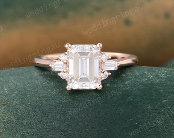 Emerald cut Moissanite ring Vintage Rose gold Moissanite Engagement ring Baguette cut Diamond ring Art deco ring Seven stone Promise ring