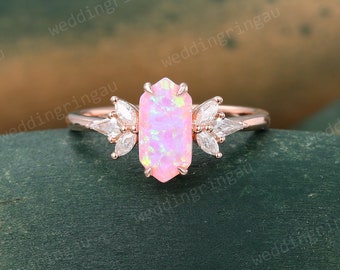 Hexagon cut Pink opal engagement ring Vintage Rose gold ring Kite cut Moissanite ring women cluster Diamond wedding Promise ring gift