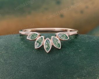 Marquise cut Moss agate Wedding Band Unique Rose gold Moissanite Curved Wedding Band Vintage Art deco Bezel set Stacking ring Promise ring