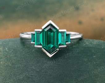 Hexagon cut Emerald ring Unique White gold Baguette cut Emerald engagement ring May birthstone ring Art deco Bridal wedding anniversary ring