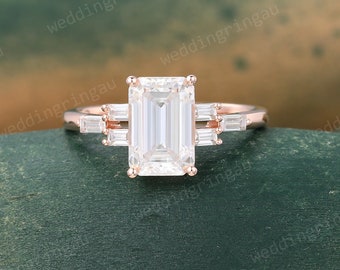 Emerald cut Moissanite Engagement ring Vintage Rose gold Moissanite ring Baguette cut Diamond ring Art deco ring Promise ring for women