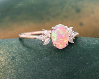Oval cut Pink opal ring Vintage Opal engagement ring Rose gold ring Marquise cut diamond ring Prong set ring Bridal Art deco Promise ring