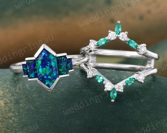 Hexagon cut Blue Green Opal Engagement ring set Vintage White gold Opal Bridal ring set Marquise Emerald Double wedding ring Promise ring