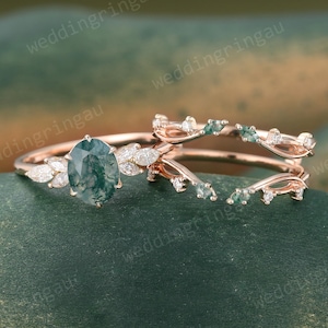 Oval Moss agate Engagement ring set Unique Rose gold Moissanite Cluster ring Leaf Double Enhancer wedding band bridal promise ring set
