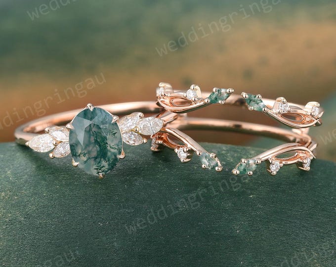 Featured listing image: Oval Moss agate Engagement ring set Unique Rose gold Moissanite Cluster ring Leaf Double Enhancer wedding band bridal promise ring set