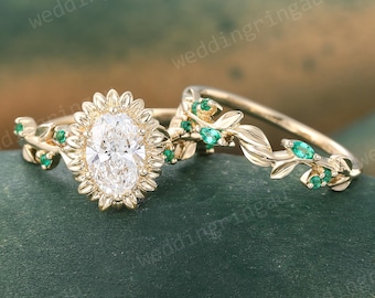 Floral Oval Moissanite Engagement Ring Set Unique Yellow Gold Leaf Branch Twig Emerald Marquise Ring Set May Birthstone Promise Ring