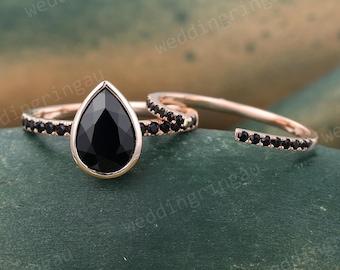 Pear shaped Black onyx engagement ring set Vintage Rose gold black onyx pave ring Open round cut black gemstone wedding band promise ring