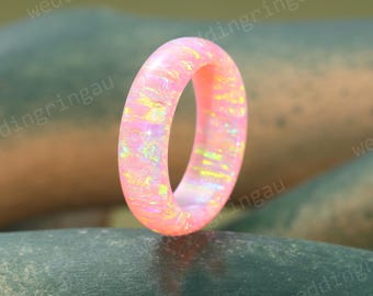 Pink Opal Wedding Band Full Eternity Engagement Band Women Art Deco Stacking Band October Birthstone Statement Ring Promise Anniversary Ring