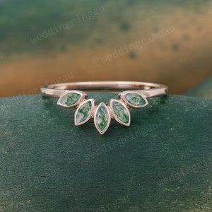 Marquise cut Moss agate Wedding Band Unique Rose gold Moissanite Curved Wedding Band Vintage Art deco Bezel set Stacking ring Promise ring