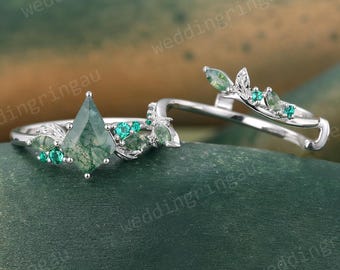 Kite cut Moss agate engagement ring set Vintage White gold Leaf engagement ring marquise cut emerald ring enhancer wedding ring Promise Gift