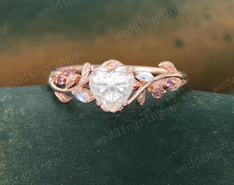 Heart cut Moissanite ring Vintage Rose gold Leaf engagement ring Marquise cut Moonstone ring Amethyst ring Nature inspired Twig ring Gift