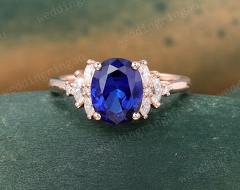 Oval cut Blue sapphire ring Vintage Rose gold engagement ring marquise cut moissanite ring cluster Bridal unique wedding ring Promise ring