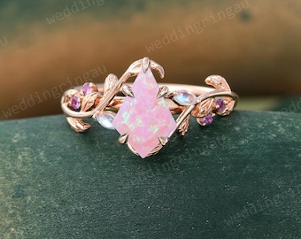 Kite cut Pink Opal ring Vintage Rose gold Leaf engagement ring Marquise cut Moonstone ring Amethyst ring Nature inspired Twig ring Gift