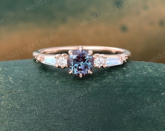 Round cut Alexandrite engagement ring Rose gold ring Baguette cut Moonstone ring June birthstone wedding ring Promise ring for women gift