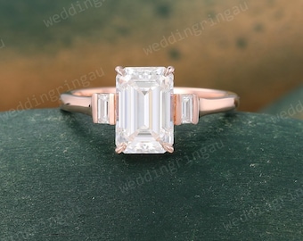 Emerald cut Moissanite ring Vintage Rose gold moissanite engagement ring Three stone ring baguette cut diamond ring Art deco Promise ring