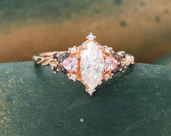 Marquise cut Moissanite ring Unique Rose gold engagement ring Heart cut pink sapphire ring Black rutilated quartz ring Leaf ring Bridal ring