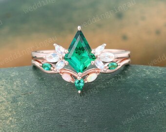 Kite cut Emerald engagement ring set Vintage Rose gold Moonstone ring set Marquise cut Opal curved ring Women wedding Promise ring set