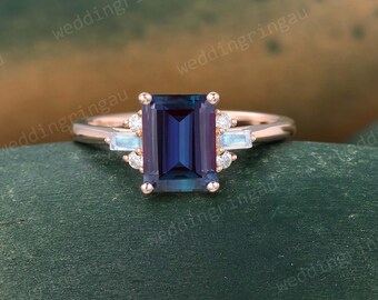 Emerald cut Alexandrite ring Vintage Rose gold Moissanite Engagement ring Baguette cut Moonstone ring Art deco ring Seven stone Promise ring