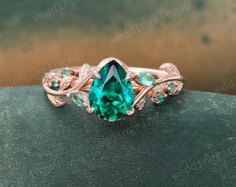 Pear shaped Emerald ring Unique Rose gold Leaf engagement ring Marquise Emerald Branch ring Nature inspired ring May birthstone Promise ring