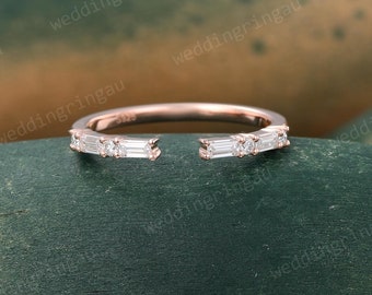 Open Moissanite wedding band Unique Baguette cut Natural Diamond ring Rose gold Women Stacking Matching band promise ring Anniversary band